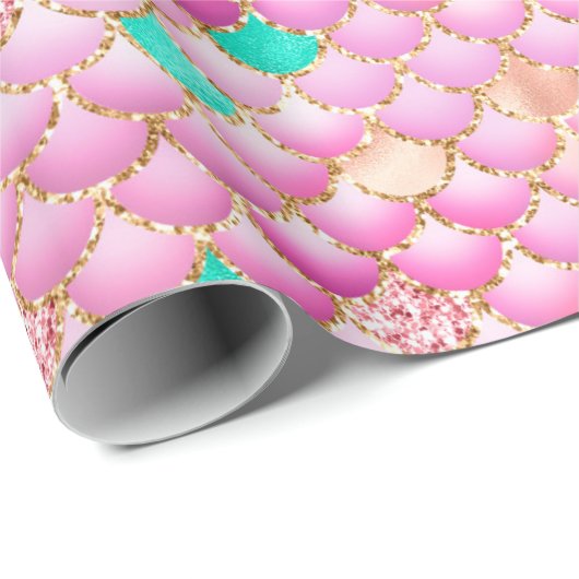 Roze ombre-Folie en gouden glitter-Zeemeerminnen Cadeaupapier (Rol Hoek)