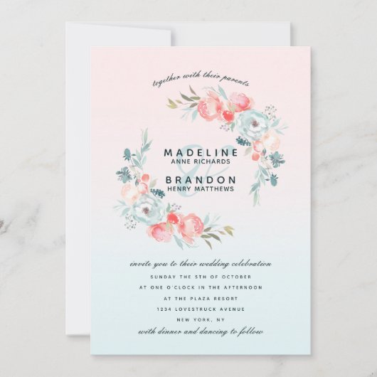 Roze Ombre Franse tuin bloemenkrans bruiloft Kaart (Voorkant)
