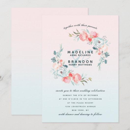 Roze Ombre Franse tuin bloemenkrans bruiloft Kaart (Voorkant / Achterkant)