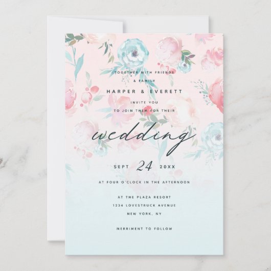 Roze Ombre Franse Tuin Shabby Bloemen Bruiloft Kaart (Voorkant)