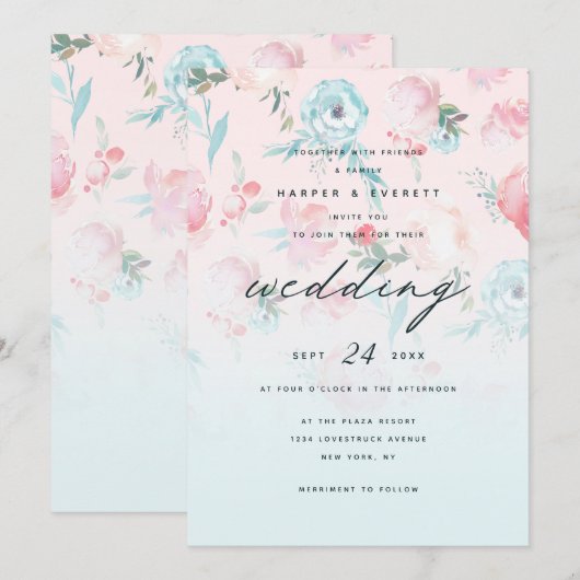 Roze Ombre Franse Tuin Shabby Bloemen Bruiloft Kaart (Voorkant / Achterkant)