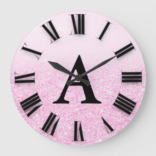 Roze Ombre Glitter Monogram Romeinse cijfers Grote Klok