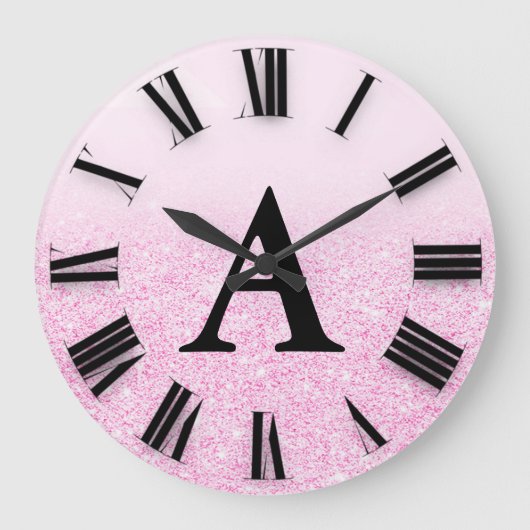 Roze Ombre Glitter Monogram Romeinse cijfers Grote Klok (Voorkant)