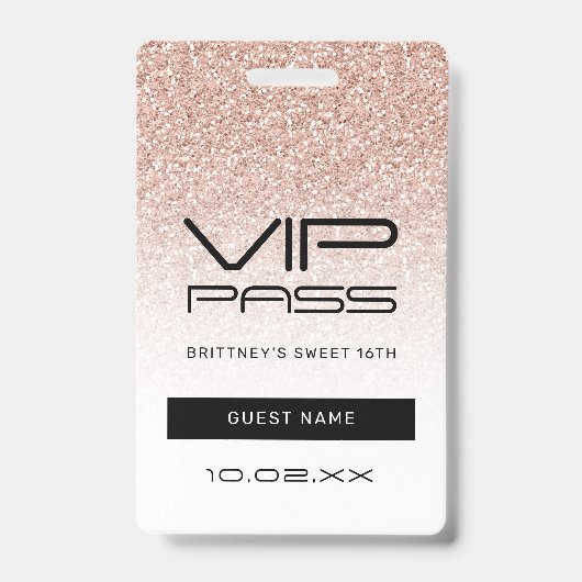 Roze Ombre Glitter Sweet 16e VIP Pass Lanyard Badge (Front)