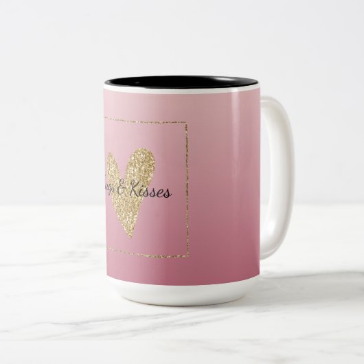 Roze ombre Gold Glitter Heart Tweekleurige Koffiemok (Voorkant rechts)