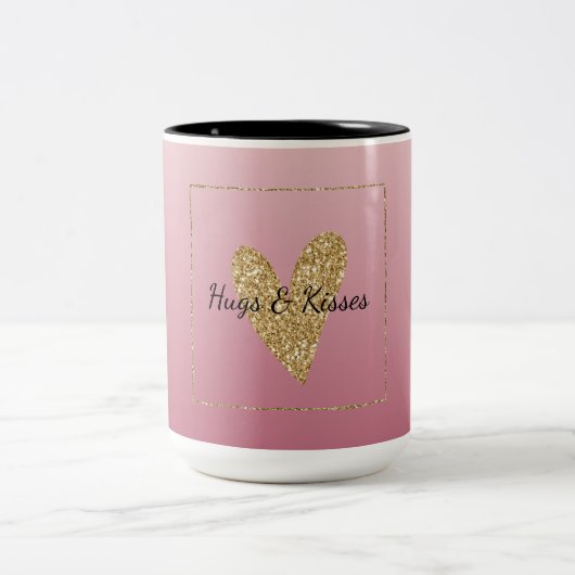 Roze ombre Gold Glitter Heart Tweekleurige Koffiemok (Center)