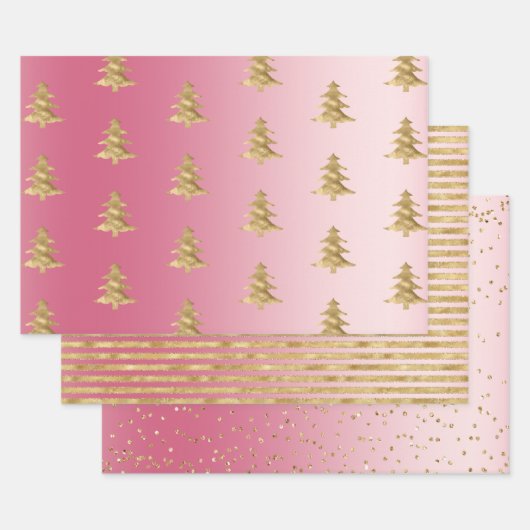 Roze ombre Gold Stripes kerstbomen Confetti Inpakpapier Vel (Set)