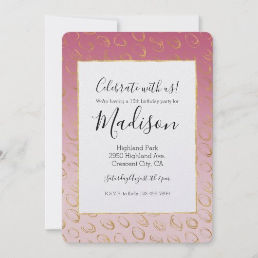 Roze Ombre Goud Chique Cirkels Verjaardag Kaart (Voorkant)