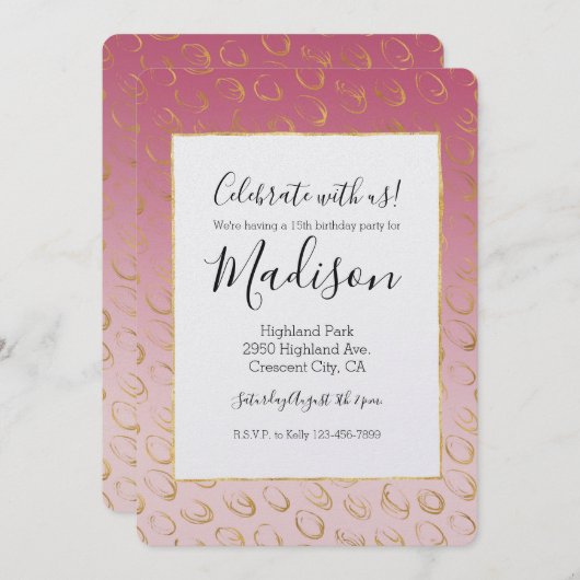 Roze Ombre Goud Chique Cirkels Verjaardag Kaart (Voorkant / Achterkant)