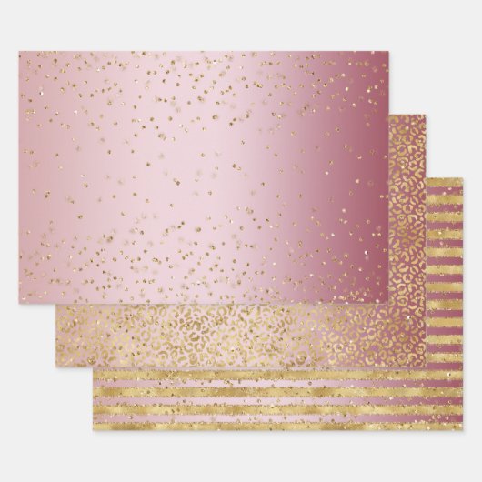 Roze Ombre Goud Glitz Sparkle Stripes Luipaard Inpakpapier Vel (Set)