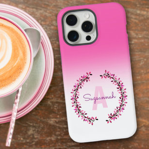 Roze Ombre Krans Omcirkelde Monogram Naam iPhone 15 Pro Max Case