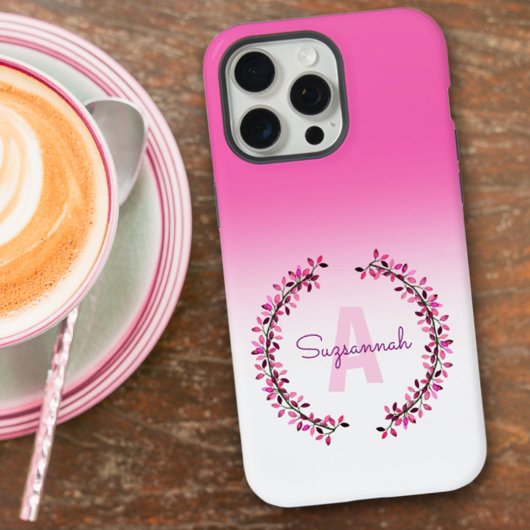 Roze Ombre Krans Omcirkelde Monogram Naam iPhone Hoesje