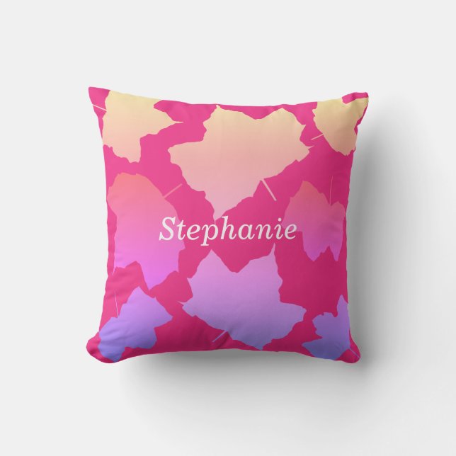 Roze Ombre Naamsjabloon Cute Fall Leaves Buitenkussen (Voorkant)