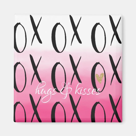 Roze Ombre Waterverf Zwart XOXO Hart Magneet (Voorkant)