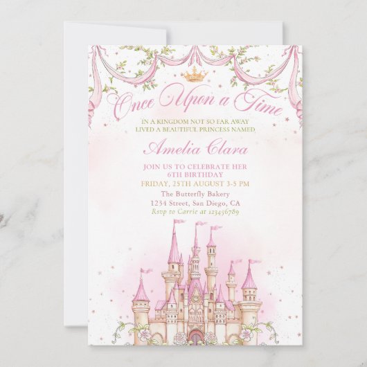 Roze Once Upon a Time Prinses Kasteel Verjaardag Kaart (Voorkant)