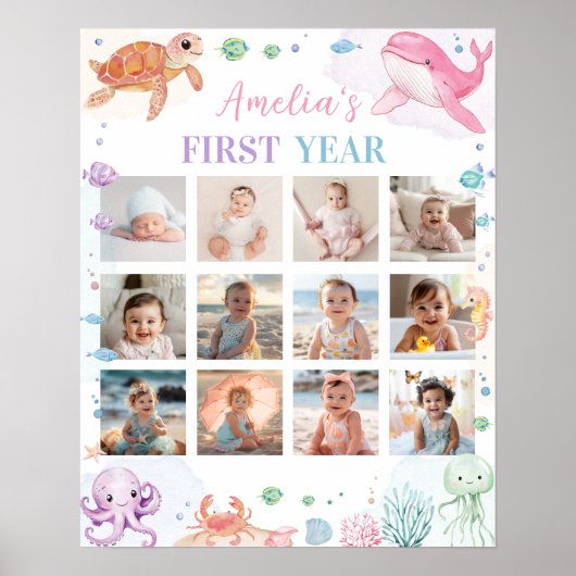 Roze Onder het Zee Verjaardag Foto Milestone Sign Poster (Voorkant)