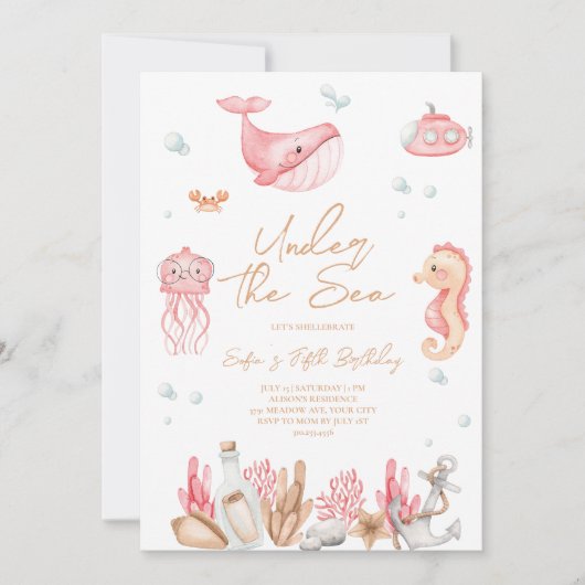 Roze onder het Zee Verjaardagsuitnodiging Kaart (Voorkant)