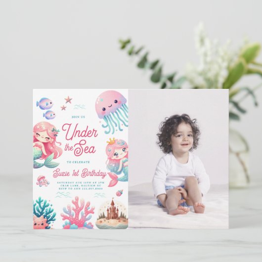 Roze Onder het Zee Zeemeerminnen Kids Verjaardagsf Kaart (Staand voorkant)