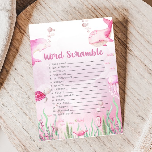 Roze Onderwater Baby Shower Woordzoekspel (Under the Sea Baby Shower Game)