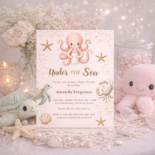 Roze onderwaterdieren Baby Shower uitnodiging