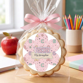 Roze Onderwijzer School Letters Patroon Ronde Sticker