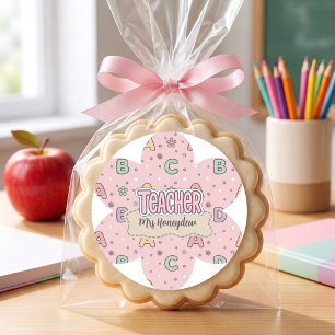 Roze Onderwijzer School Letters Patroon Ronde Sticker