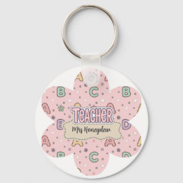 Roze Onderwijzer School Letters Patroon Sleutelhanger