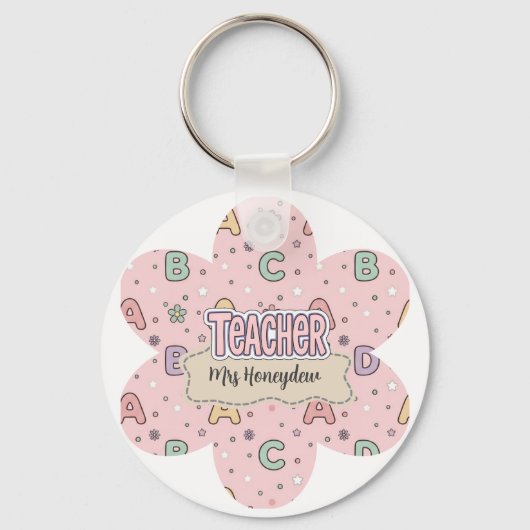 Roze Onderwijzer School Letters Patroon Sleutelhanger (Voorkant)