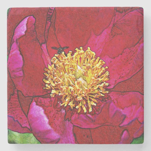 Roze Onderzetter van Bee Peony Stone (Voorkant)