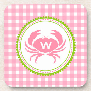 Roze Onderzetters van Gingham en Crab Monogram Cor