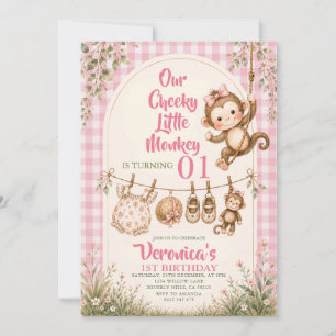 Roze ondeugende kleine aap eerste verjaardag  kaart
