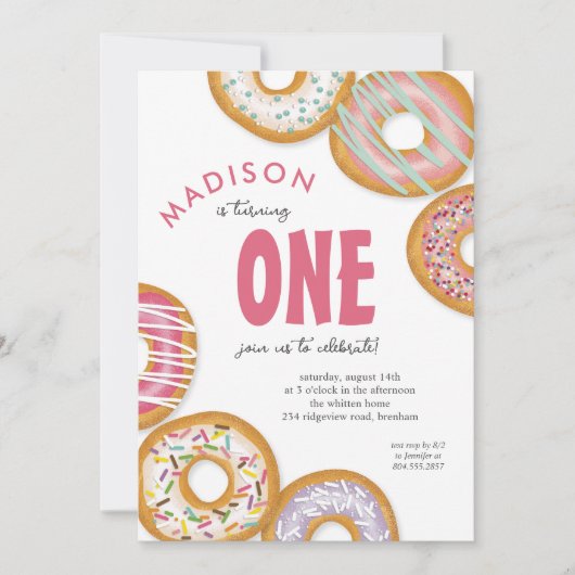 Roze One Donut Eerste Verjaardagsfeestje Kaart (Voorkant)
