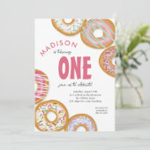 Roze One Donut Eerste Verjaardagsfeestje Kaart (Staand voorkant)