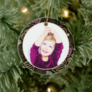 Roze One Line Art Prettig Kerstmis Familie Foto Keramisch Ornament