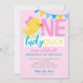 Roze One Lucky Duck Girl Rubber Duck 1e verjaardag Kaart (Voorkant)