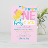 Roze One Lucky Duck Girl Rubber Duck 1e verjaardag Kaart (Staand voorkant)