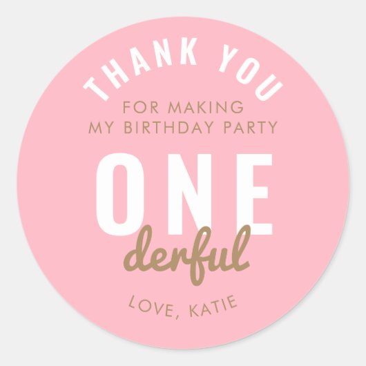 Roze ONEderful Birthday Round Sticker (Voorkant)
