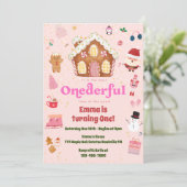 Roze ONEderful Kerstwinter 1e Verjaardag Kaart (Staand voorkant)