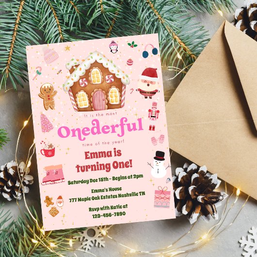 Roze ONEderful Kerstwinter 1e Verjaardag Kaart