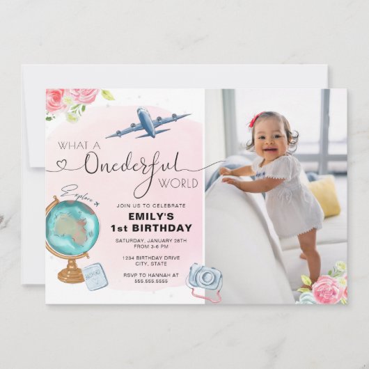 Roze ONEderful World Foto First Birthday Kaart (Voorkant)