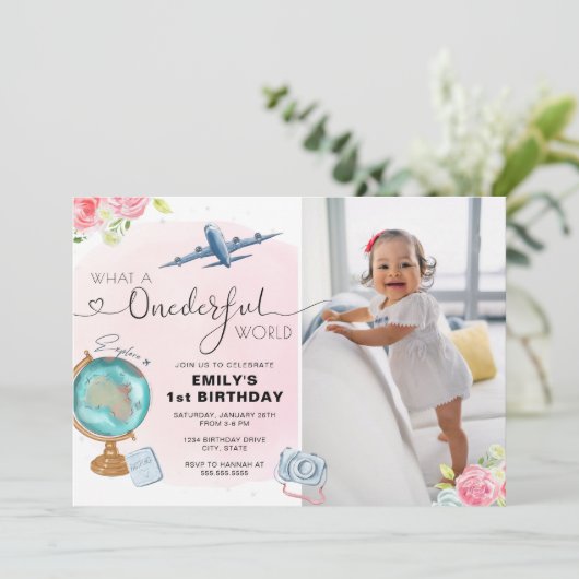 Roze ONEderful World Foto First Birthday Kaart (Staand voorkant)