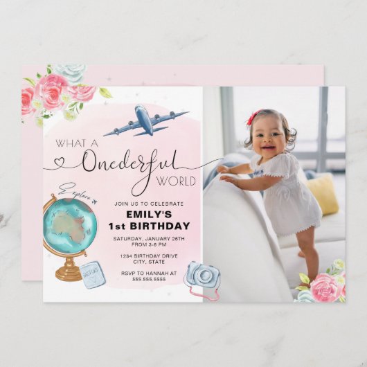 Roze ONEderful World Foto First Birthday Kaart (Voorkant / Achterkant)