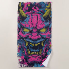 Roze Oni-demonenmasker – Japanse Graffiti-kunst Strandlaken