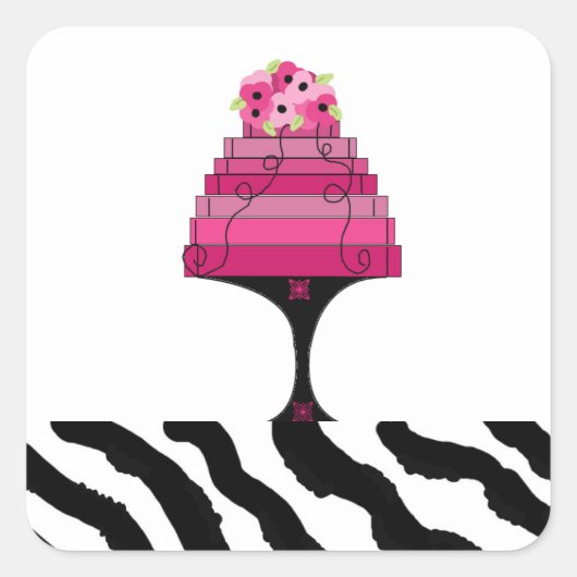 Roze ontwerperscake met zebraprintsticker vierkante sticker (Voorkant)