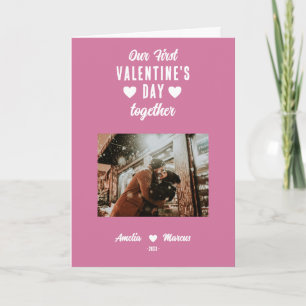 Roze Onze Eerste Valentijnsdag Samen Foto Feestdagen Kaart