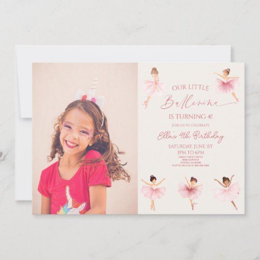 Roze onze kleine ballerina ballet verjaardagsfeest kaart (Voorkant)