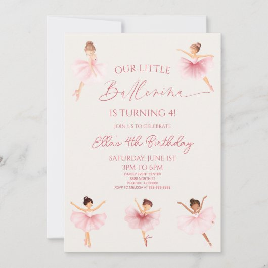 Roze onze kleine ballerina ballet verjaardagsfeest kaart (Voorkant)