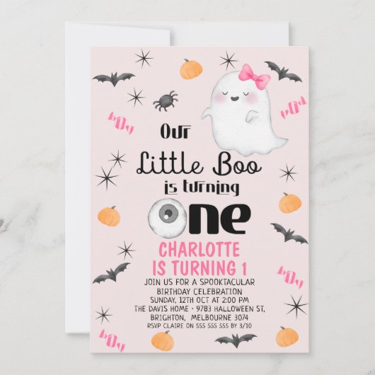 Roze Onze Kleine Boo Een Halloween 1e Verjaardag Kaart (Voorkant)