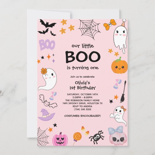 Roze Onze Kleine Boo Foto Halloween 1e Verjaardag Kaart (Voorkant)