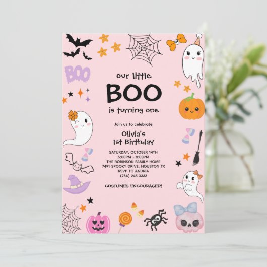 Roze Onze Kleine Boo Foto Halloween 1e Verjaardag Kaart (Staand voorkant)